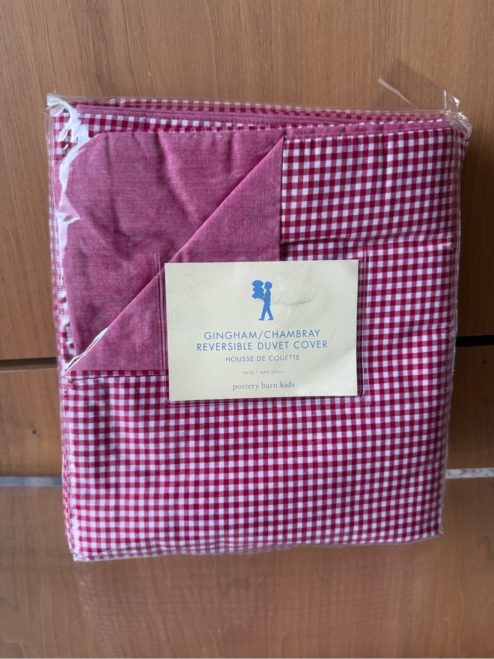 BNIB Pottery Barn Kids Red Gingham/Chambray Reversible Duvet Cover